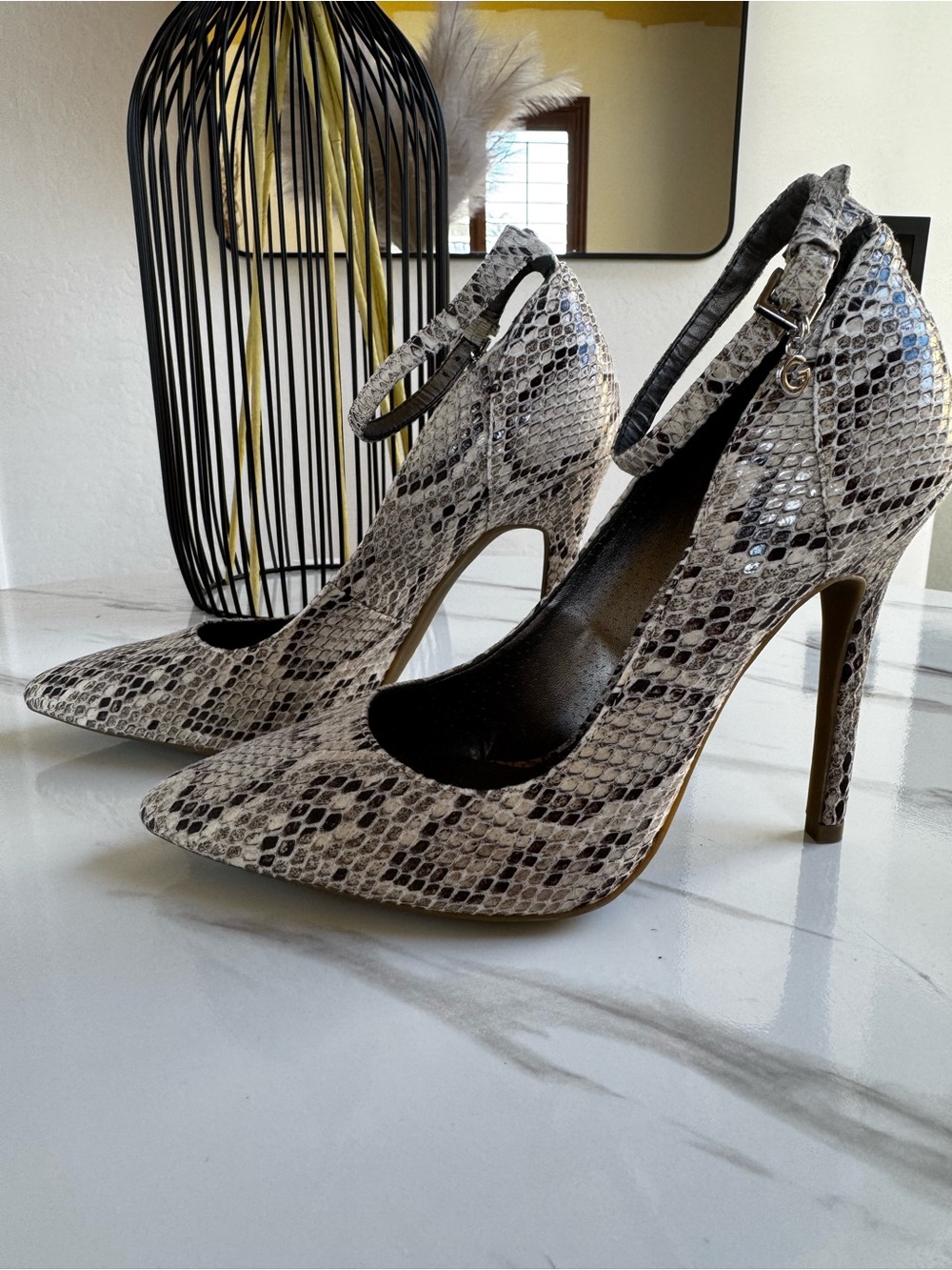 GUESS Snake-Print Ankle-Strap Stiletto Heels in Beige and Black